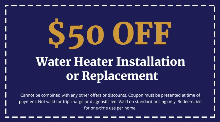 $50 off water heater installation or replacement coupon from Charles Krull & Son, Inc., featuring terms and conditions for redeeming the offer.
