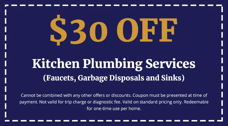 $30 off kitchen plumbing services coupon for faucets, garbage disposals, and sinks, with terms and conditions listed.