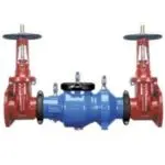 Valve assembly used in plumbing systems with red valves and a blue body for backflow prevention testing.