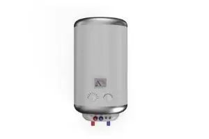 Water heater with visible temperature control knobs and inlet/outlet connections, relevant to discussions on sediment buildup and water flow restriction issues.