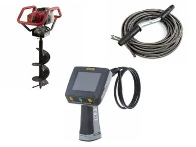 Specialized plumbing tools including a drain auger, inspection camera, and pipe inspection cable, illustrating essential equipment used by professional plumbers for effective drain cleaning and maintenance.