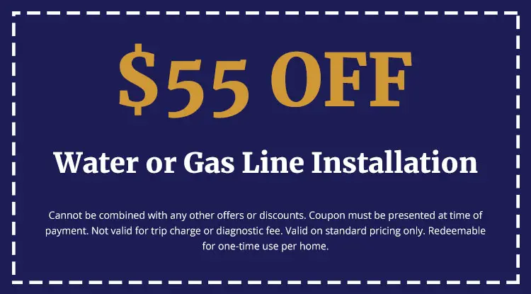 $55 off water or gas line installation coupon for plumbing services by Charles Krull & Son, Inc., featuring terms and conditions for use.