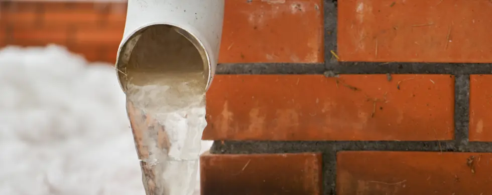 Downspout pouring water onto a brick wall with snow, showing plumbing in winter conditions by Charles Krull & Son, Inc.