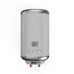 Stainless steel water heater with knobs and colored pipes by Charles Krull & Son, Inc. Plumbing & Heating.