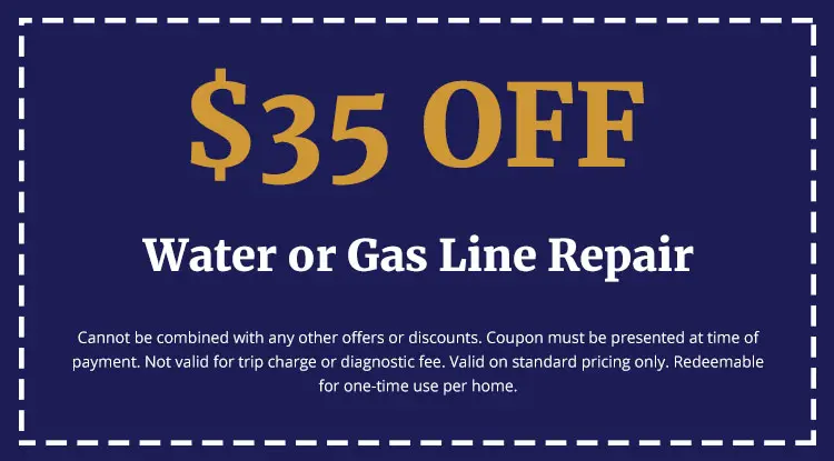 $35 off water or gas line repair coupon from Charles Krull & Son, Inc., featuring terms and conditions for service discounts.
