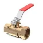 Brass ball valve with red lever handle for plumbing use in backflow testing by Charles Krull & Son.
