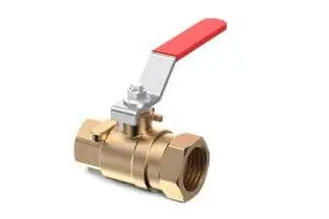 Brass water valve with a red handle, essential for controlling water flow and preventing backflow in plumbing systems.