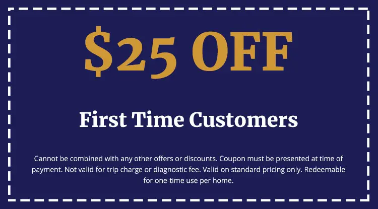 $25 off coupon for first-time customers of Charles Krull & Son, Inc., featuring terms and conditions for plumbing and heating service discounts.