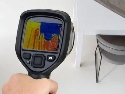 Hand holding thermal imaging camera displaying heat map, used for detecting slab leaks in plumbing systems.