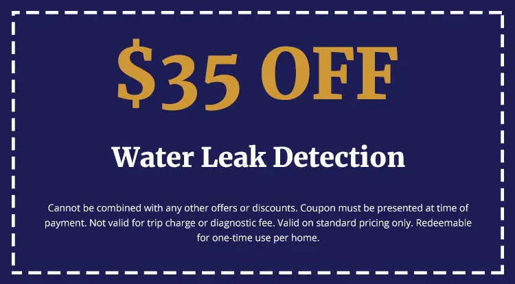 $35 off water leak detection coupon for plumbing services, highlighting offer details and restrictions.
