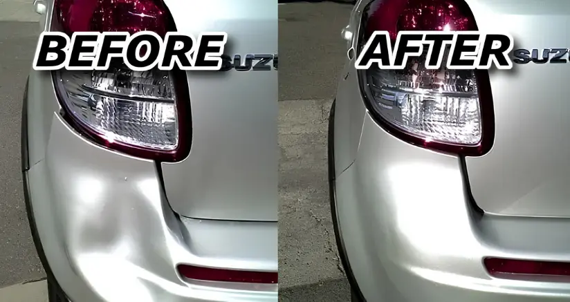dent-bumper-back-photo-before-and-after Before and after picture of bumper repair of a white Lexus