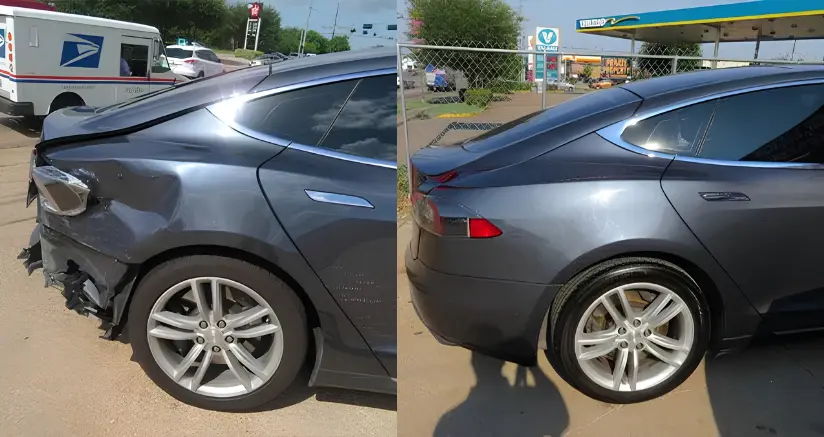 tesla-before-and-after Before and after pictue of a fender body repair on a gray Buick