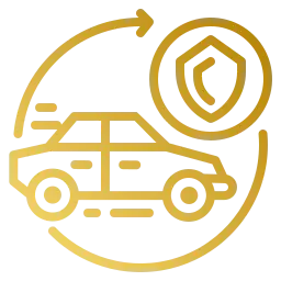 Aces Auto Elite - Gold outline of a car with a circular arrow around it, and a shield symbol inside a circle, representing car insurance, restoration, or automotive preservation. | Arizona Luxury & Exotic Car Service