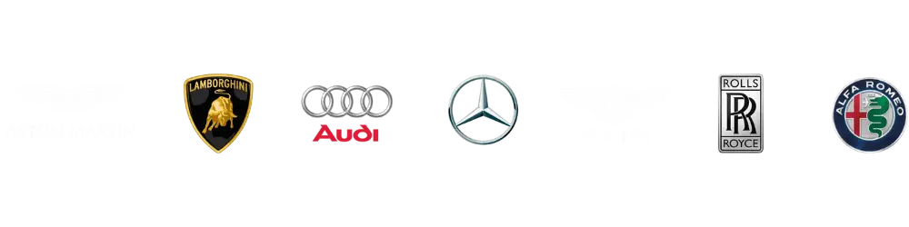 Aces Auto Elite - Six luxury car logos in a row: Lamborghini, Audi, Mercedes-Benz, Bentley, Rolls-Royce, and Alfa Romeo, each with their distinct emblems and brand names displayed. | Arizona Luxury & Exotic Car Service