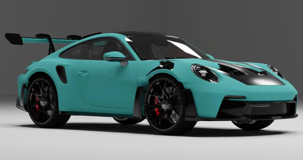 Aces Auto Elite - A turquoise sports car with a large rear wing, sleek aerodynamic features, black wheels, and red brake calipers, parked indoors against a gray background. | Arizona Luxury & Exotic Car Service