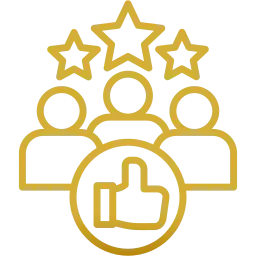 Aces Auto Elite - Gold icon of three people with three stars above their heads. In front of them is a circle containing a thumbs-up symbol, representing approval, teamwork, or positive feedback. | Arizona Luxury & Exotic Car Service