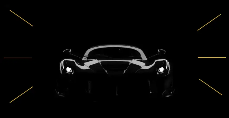 Aces Auto Elite - A sleek, black sports car with illuminated headlights is centered against a dark background, highlighted by four thin, diagonal yellow lines at each corner. | Arizona Luxury & Exotic Car Service