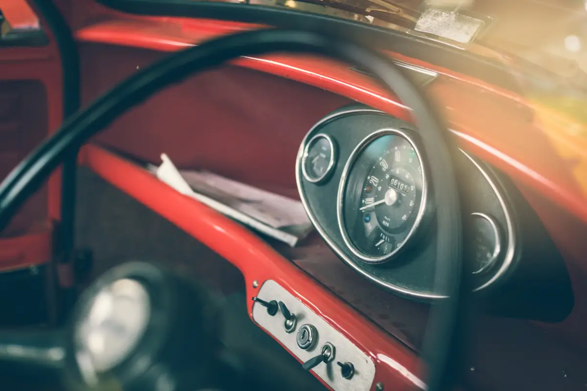 Close up on steering wheel, Classic car interior, Vintage tone