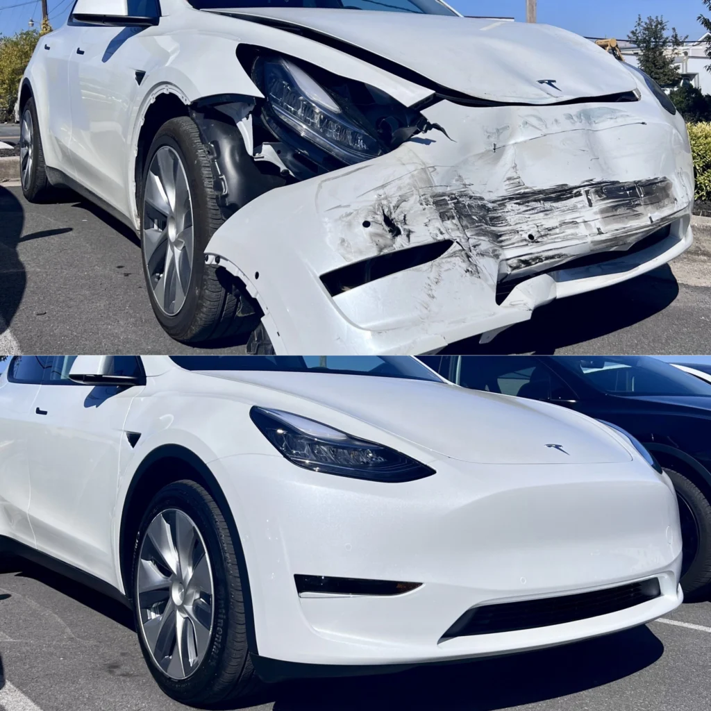 whit Tesla Model Y before and after collision repair in houston