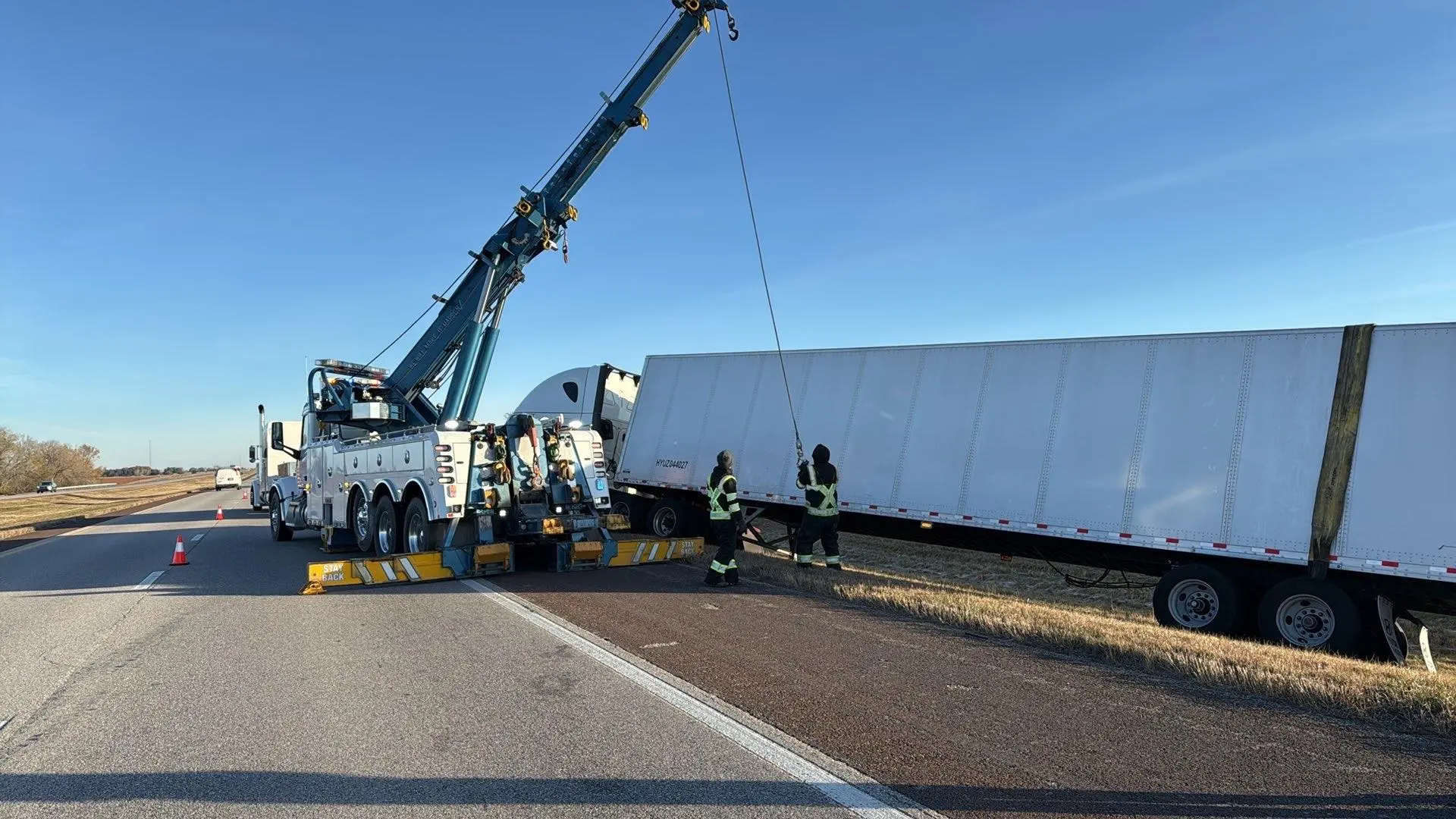 Heavy Recovery Semi truck recovery being performed on a semi truck in central kansas