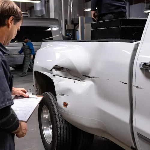 estimator writing up a repair order for auto body damage on a white truck