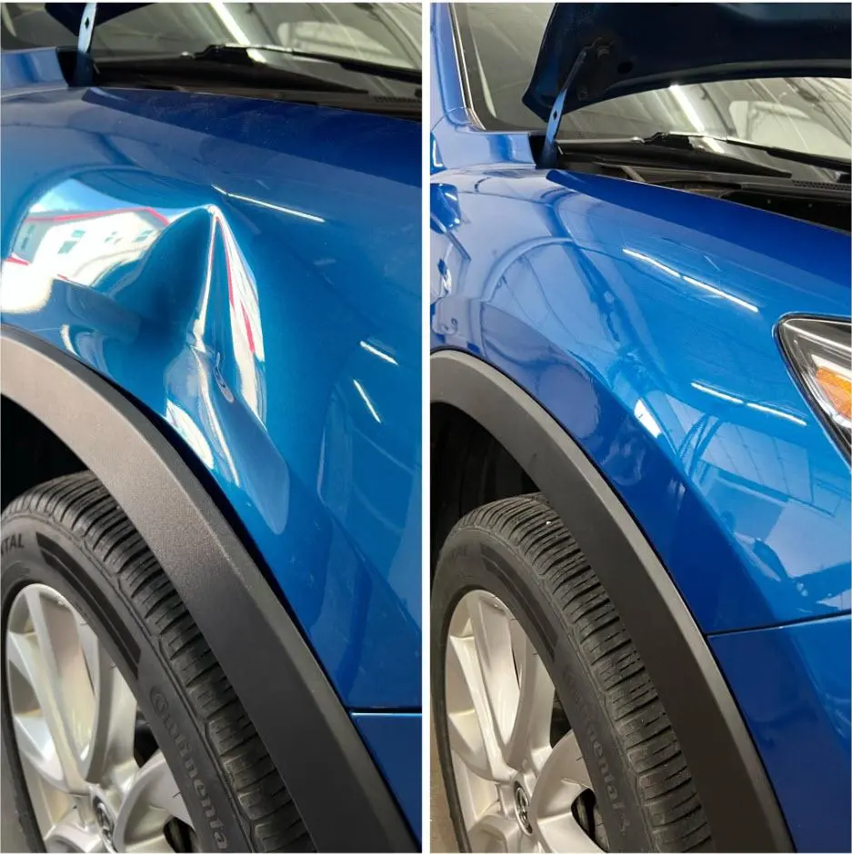 Side-by-side images showing the rear quarter panel of a blue car. The left image displays a noticeable dent above the wheel well, while the right image shows the exact area fully restored, with a smooth, flawless finish and no visible damage