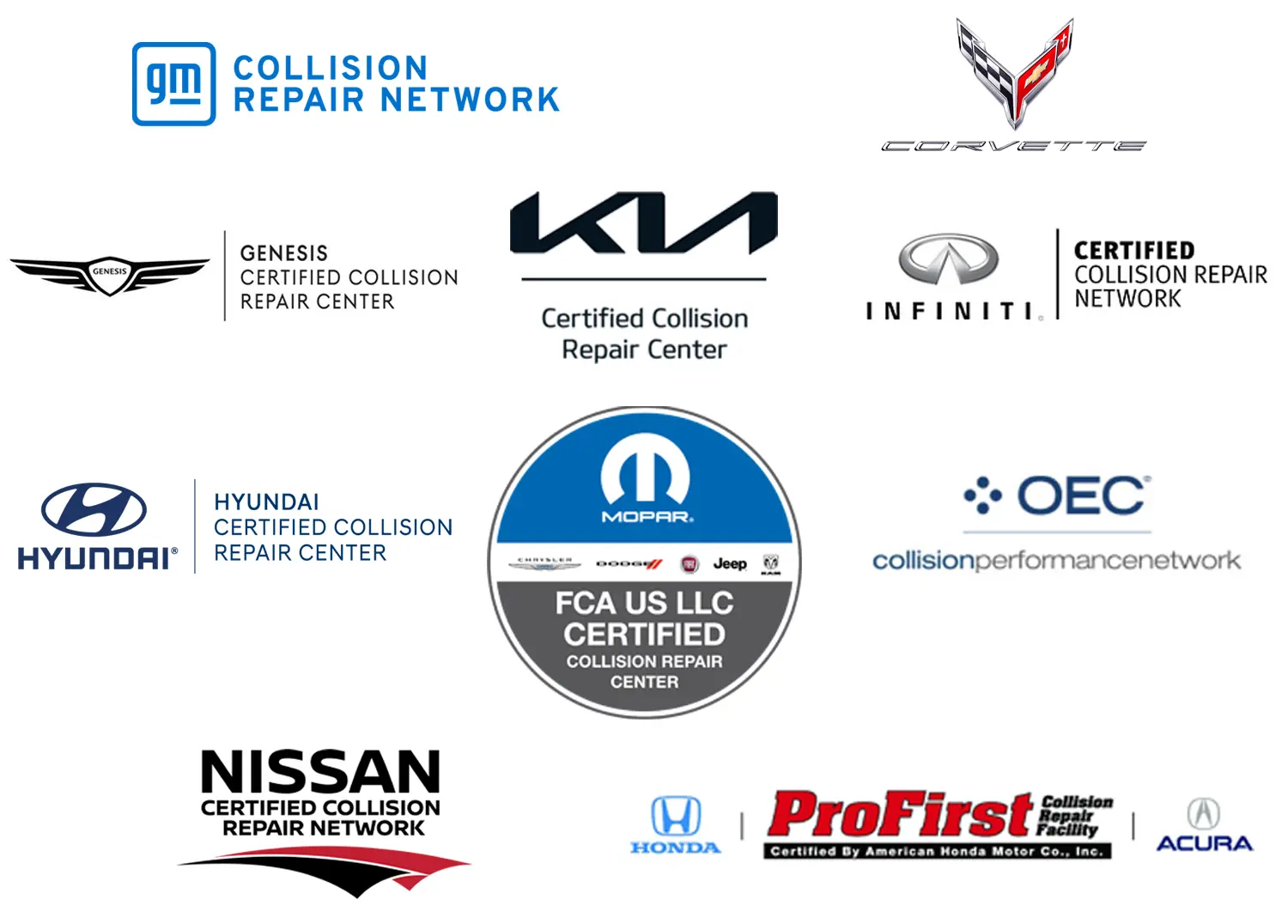 logos of the manufacturer certifications that oxnard collision center has earned including GM, Corvette C8, Inifinit, Kia, Genesis, Hyundai, Nissan, Honda, Acura, Dodge, Chrysler, Jeep, Ram, Mopar, and Fiat