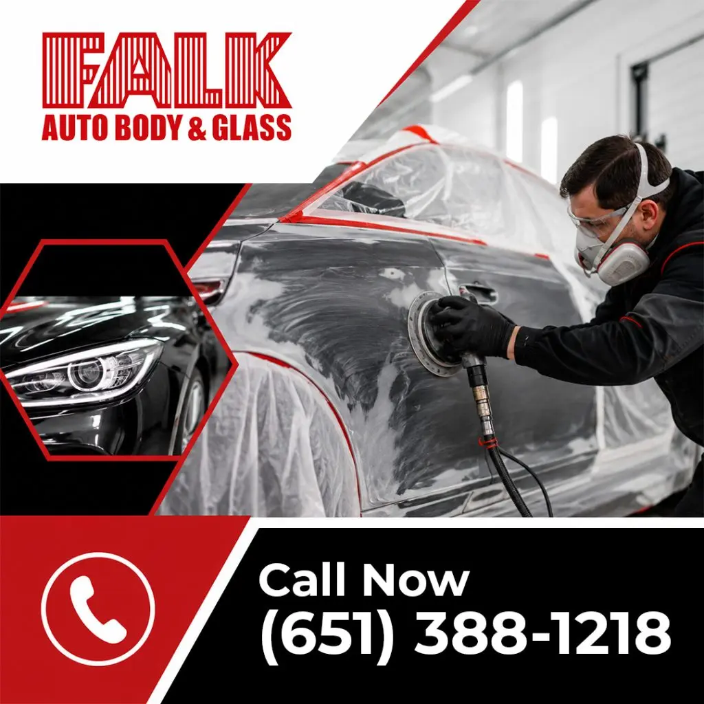 Marketing graphic from Falk Auto Body & Glass showing a masked technician sanding down a vehicle's side panel.