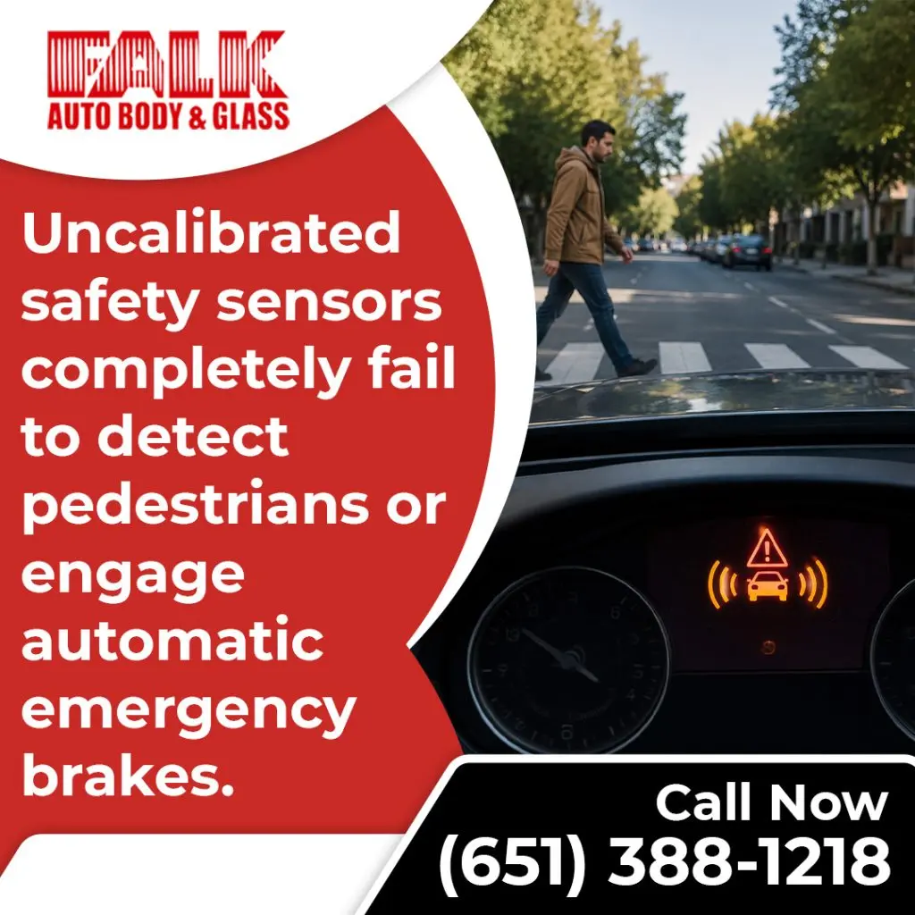 View from inside a vehicle looking out at a pedestrian in a crosswalk with a glowing dashboard warning light for collision detection.