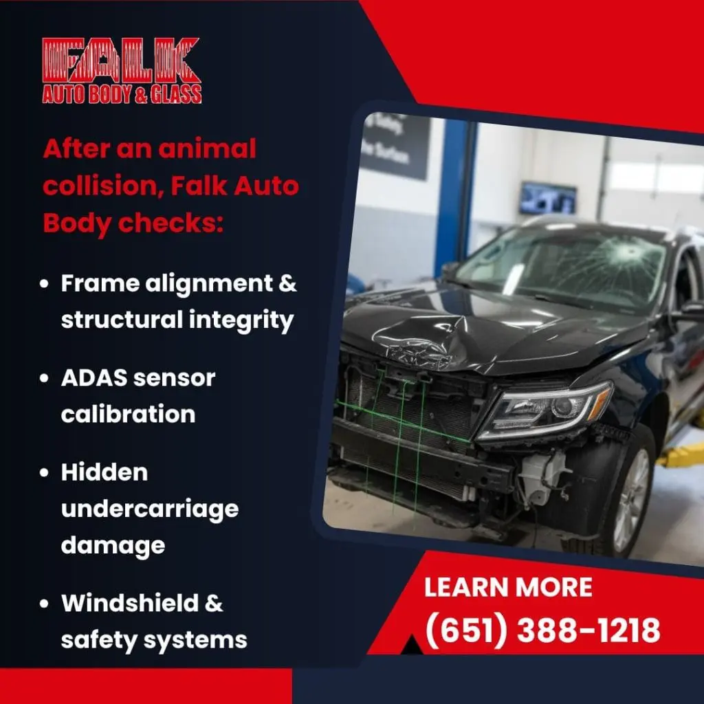Front-end view of a collision-damaged SUV in a repair shop, illustrating Falk Auto Body's comprehensive inspection checklist after an animal collision: frame alignment, ADAS sensor calibration, undercarriage damage, and safety systems.