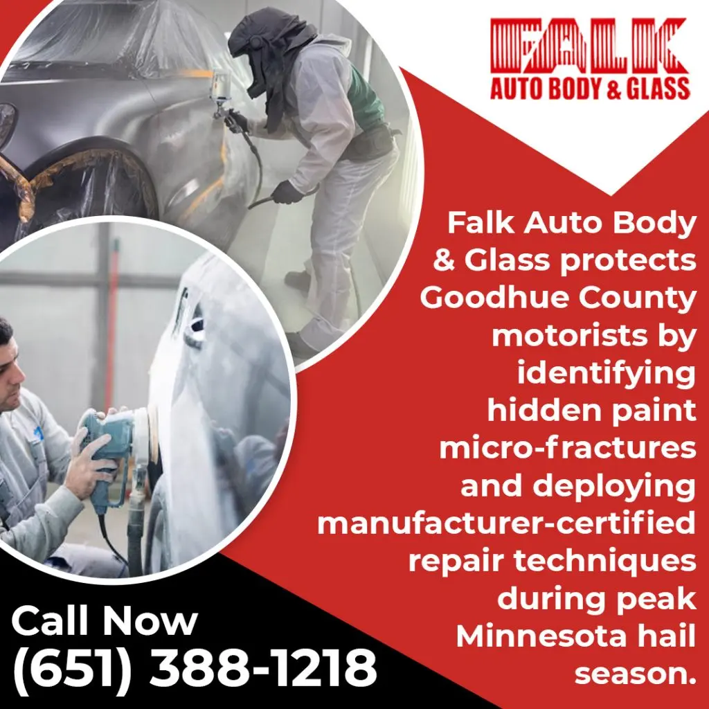Graphic from Falk Auto Body & Glass on manufacturer-certified repair techniques during Minnesota hail season.
