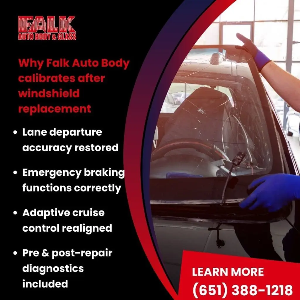 Close-up of a technician working on a new windshield installation. The image text lists the benefits of Falk Auto Body's post-windshield replacement calibration: restoring lane departure accuracy, emergency braking, and adaptive cruise control functionality.