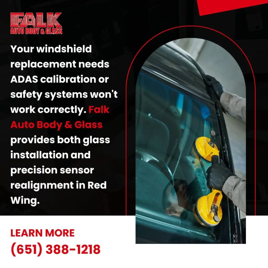 Technician performing a windshield replacement on a car, emphasizing that Falk Auto Body & Glass provides both glass installation and precision ADAS sensor calibration in Red Wing to ensure safety systems work correctly.