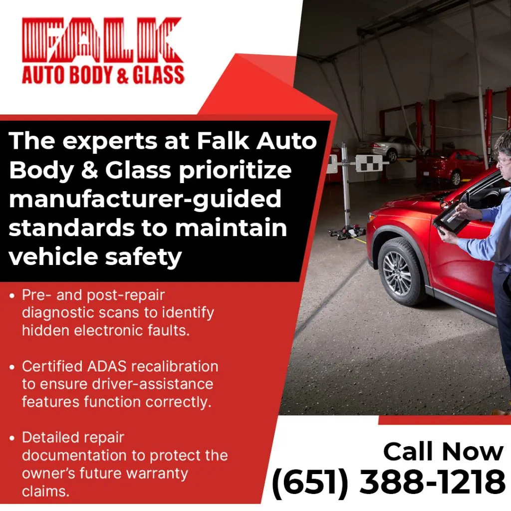 Technician performing diagnostic scanning and ADAS calibration on a red vehicle at Falk Auto Body & Glass in S