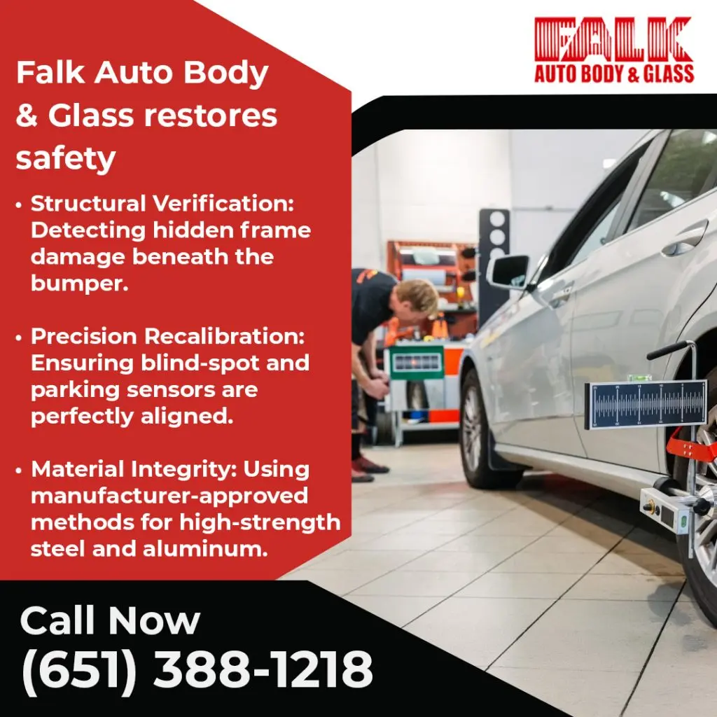 White vehicle undergoing ADAS sensor recalibration and structural verification at Falk Auto Body and Glass after collision repair
