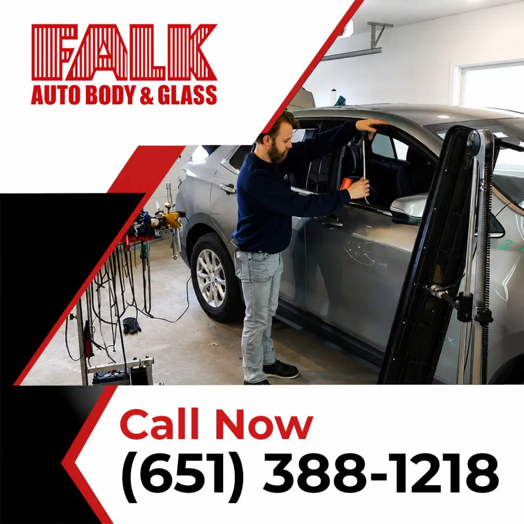 Promotional graphic from Falk Auto Body & Glass showing a technician performing paintless dent repair on a grey SUV