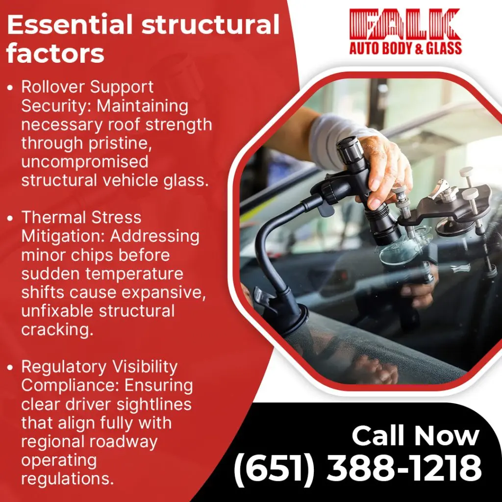 Infographic listing essential structural factors of vehicle glass, featuring a technician repairing a windshield chip.