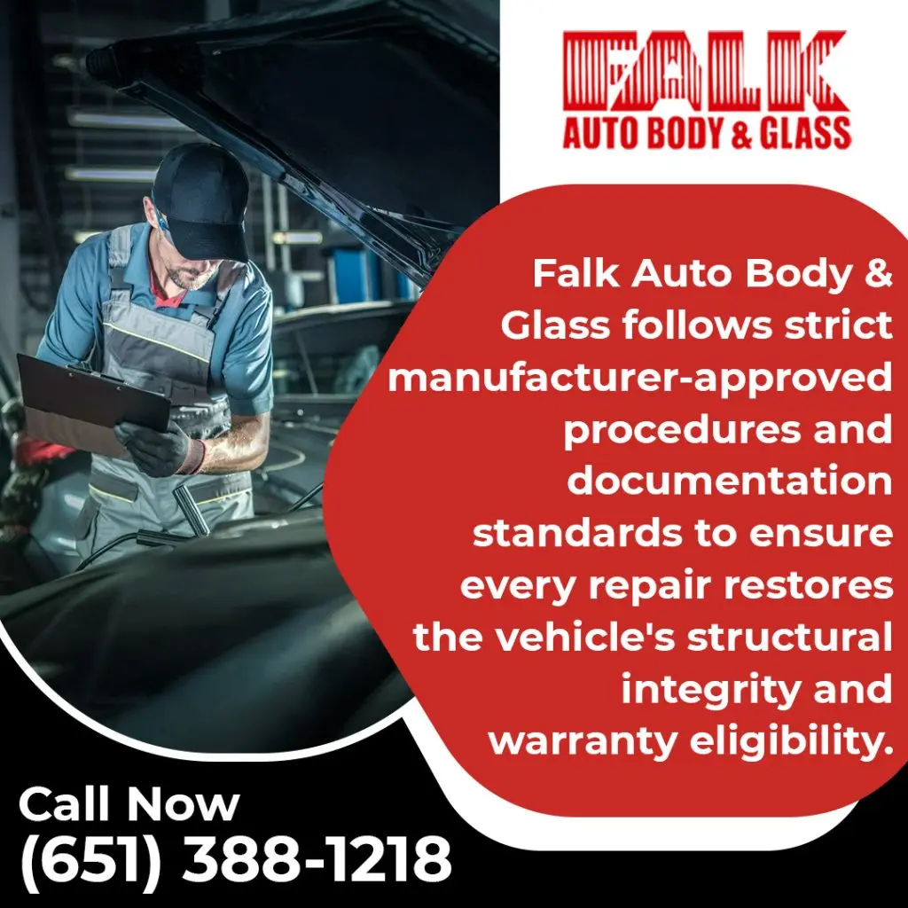 Technician inspecting a vehicle with a clipboard at Falk Auto Body & Glass in St. Paul, highlighting manufacturer-approved repair procedures, structural integrity checks, and warranty-supporting documentation.