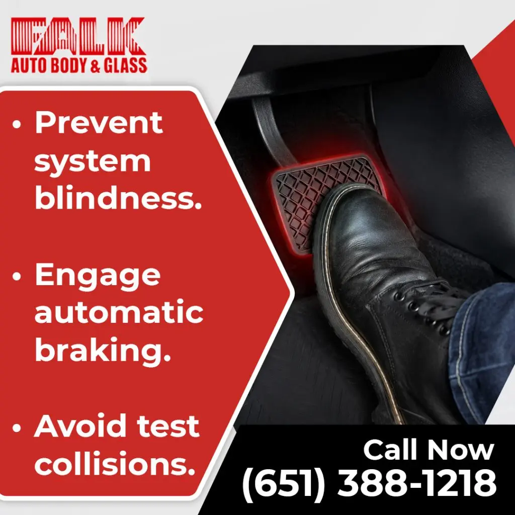 A driver pressing down on a glowing brake pedal alongside bullet points emphasizing automatic braking calibration and collision prevention.