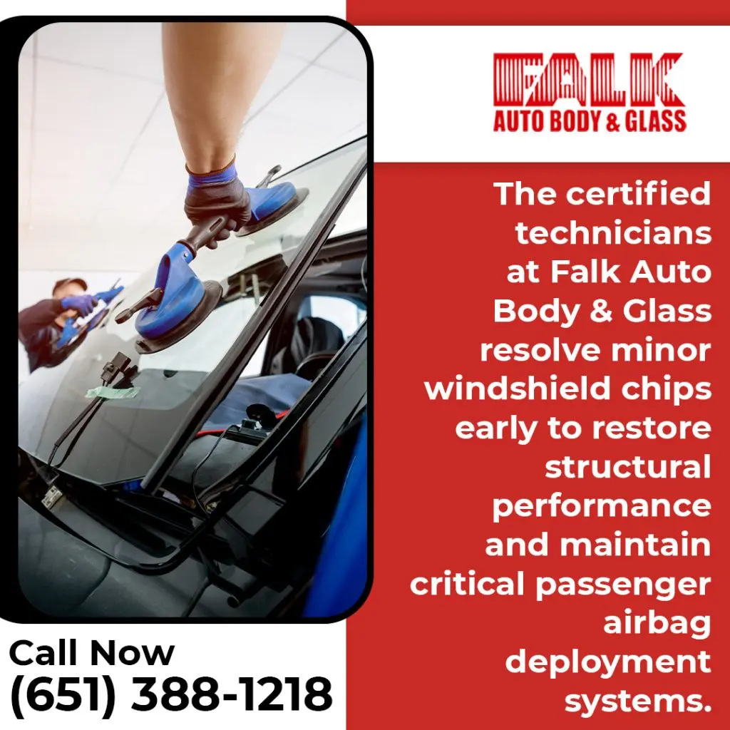 Graphic from Falk Auto Body & Glass explaining the importance of early windshield chip repair for passenger safety.