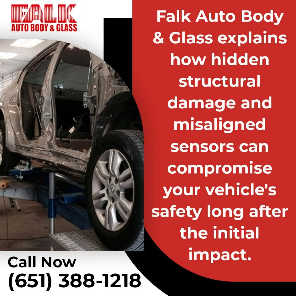 Vehicle on a frame machine at Falk Auto Body and Glass during structural repair for hidden collision damage and sensor-related safety issues