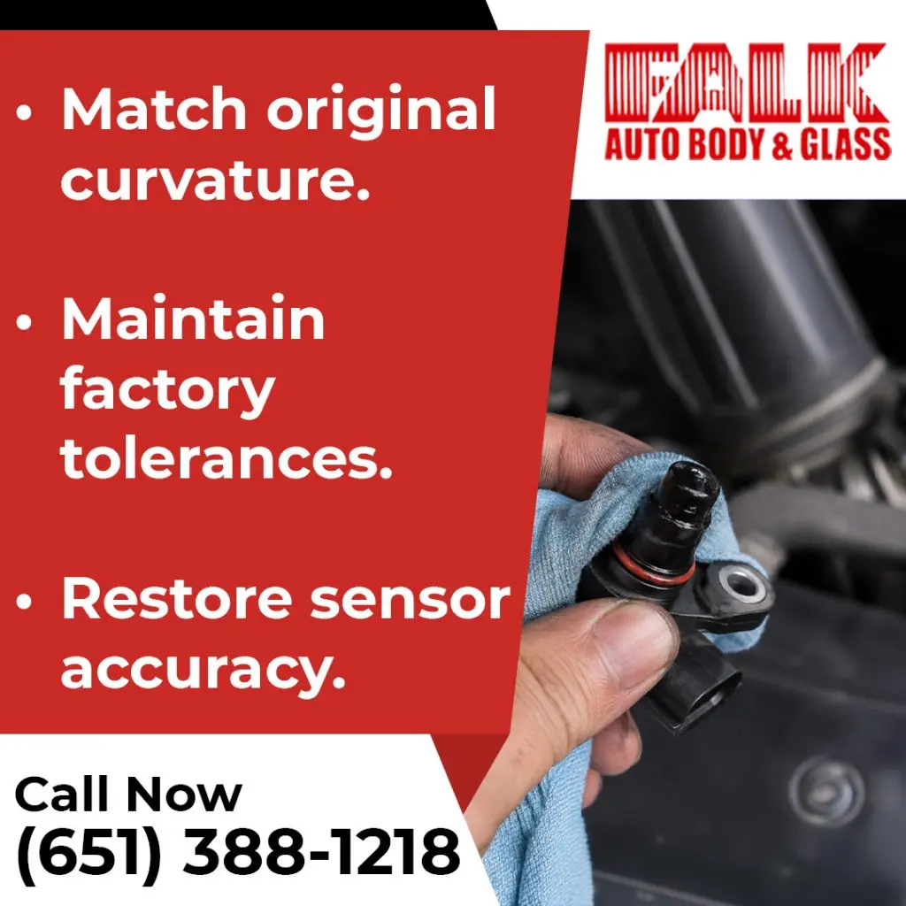 A mechanic using a blue shop towel to wipe down an engine sensor next to text on maintaining factory tolerances and restoring sensor accuracy.