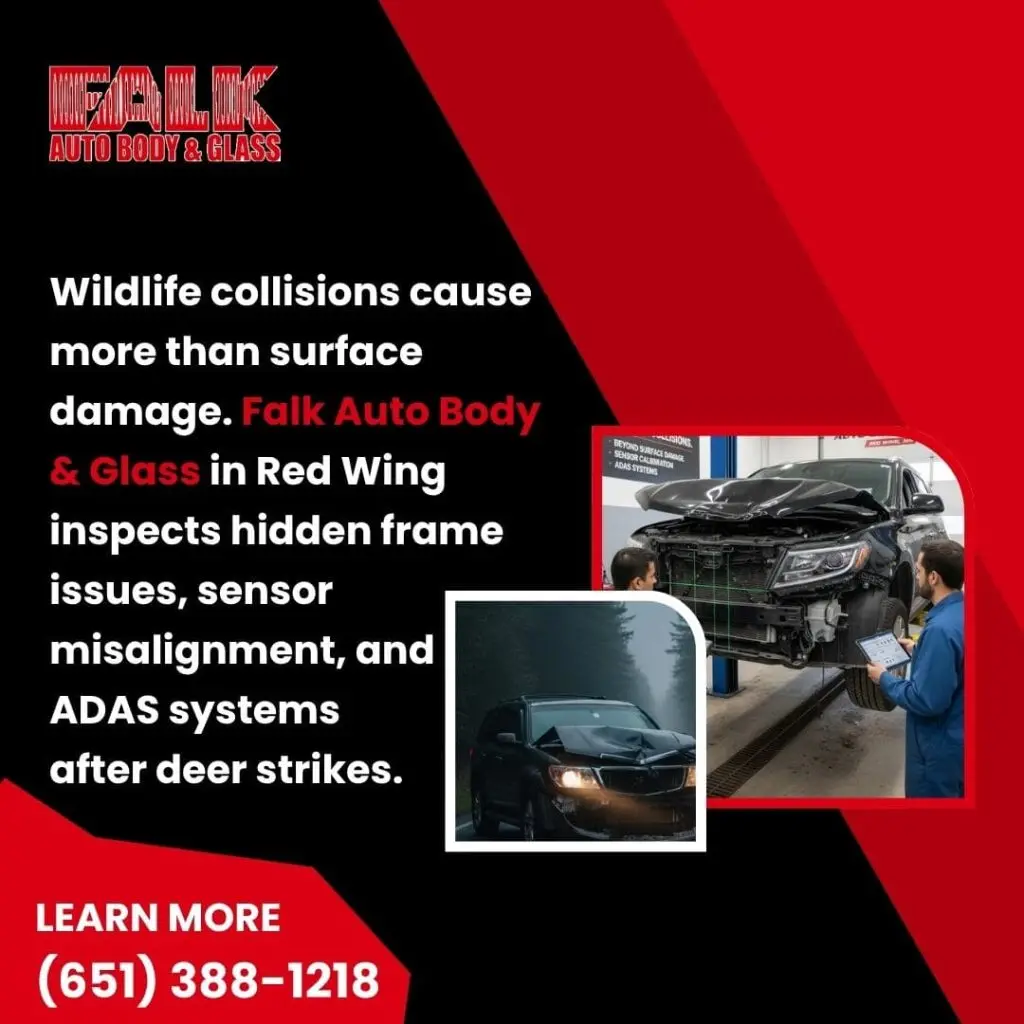 Falk Auto Body & Glass in Red Wing inspecting a damaged black SUV for hidden frame issues, sensor misalignment, and ADAS systems after a wildlife or deer collision. Highlights the severity of hidden damage.