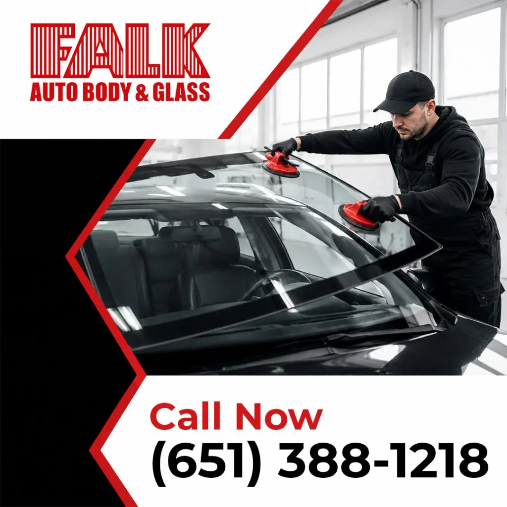 Promotional graphic from Falk Auto Body & Glass showing a technician installing a new windshield on a car using suction cups.