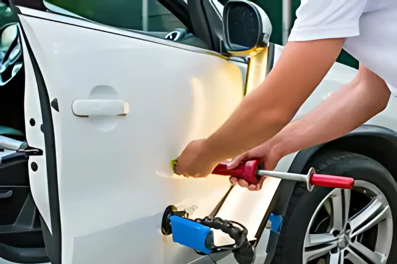 a techician performing paintless dent repair (PDR) on a white vehicle