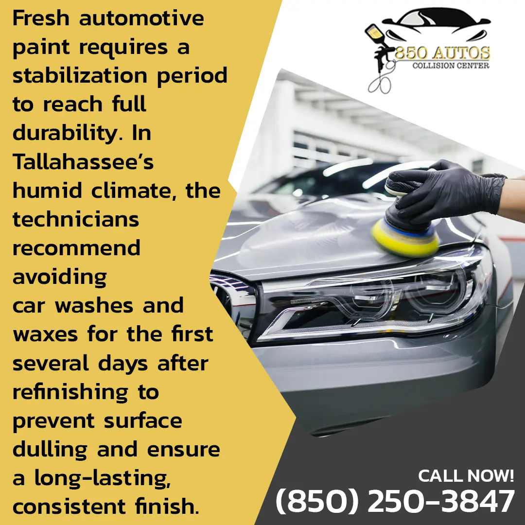 Marketing graphic from 850 Autos Collision Center explaining that fresh automotive paint needs a stabilization period to reach full durability. It notes that in Tallahassee's humid climate, technicians recommend avoiding car washes and waxes for the first several days after refinishing to ensure a long-lasting, consistent finish. Features a close-up photo of a gloved hand using a rotary buffer tool on a glossy grey BMW sedan. Includes a call to action to call (850) 250-3847.