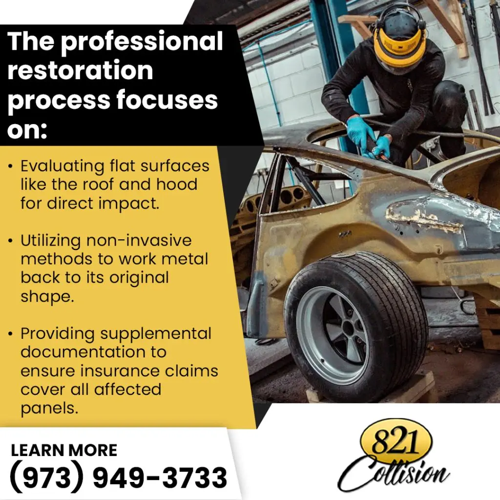 Technician restoring hail-damaged vehicle panels at 821 Collision Center using non-invasive metal shaping methods with insurance repair documentation support