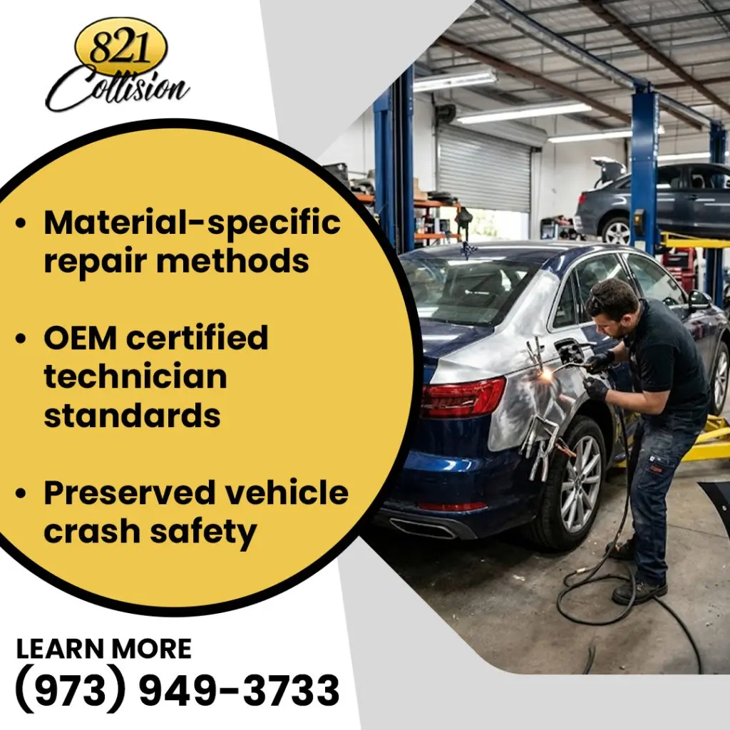 An auto body technician welding a new metal quarter panel onto a blue sedan in a repair shop alongside bullet points detailing OEM certified repair standards.
