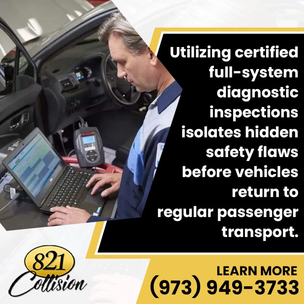 A technician using a laptop and handheld scanner tool to run full-system electrical diagnostics on an open vehicle cabin.