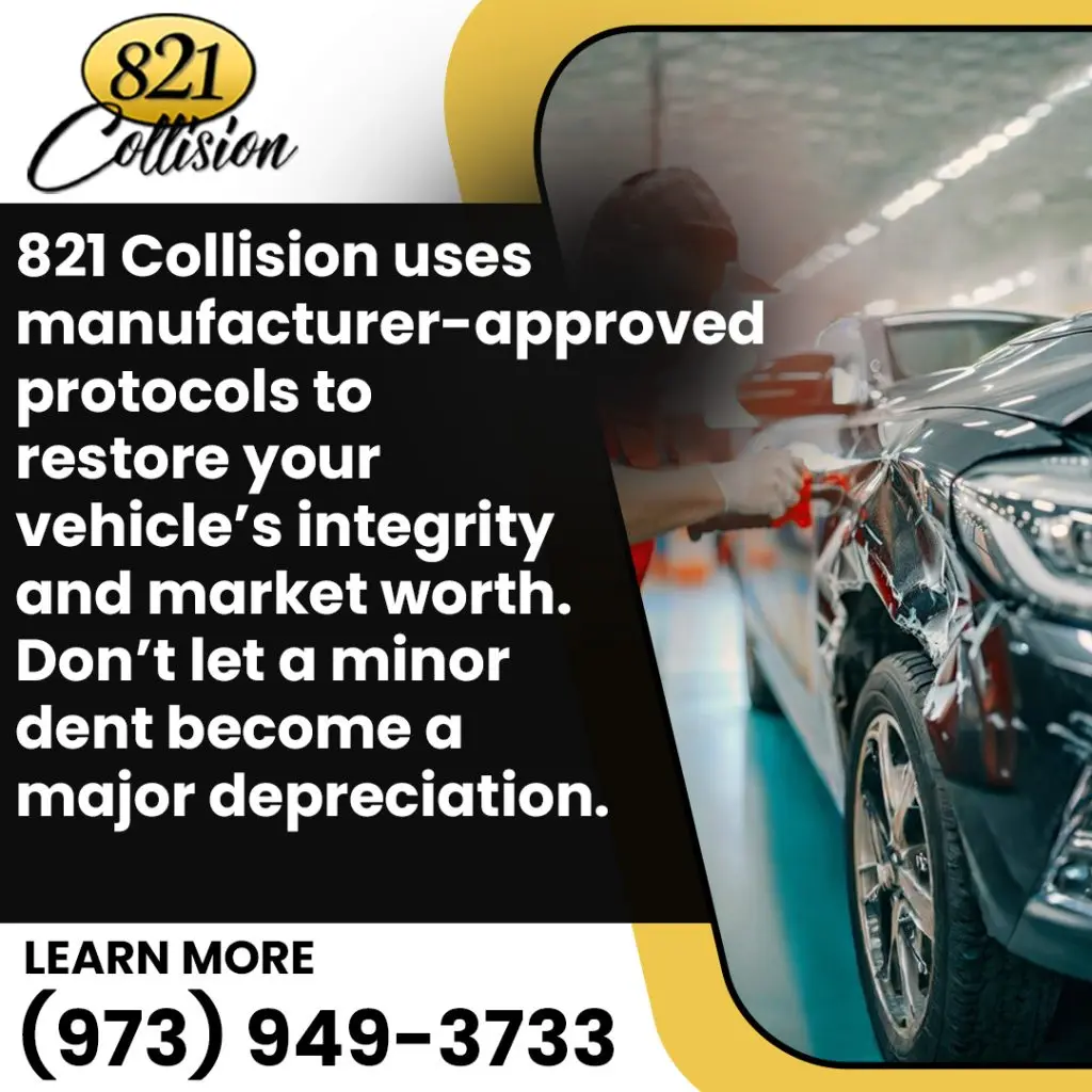 Damaged black vehicle undergoing manufacturer-approved auto body repair to restore safety, appearance, and resale value at 821 Collision